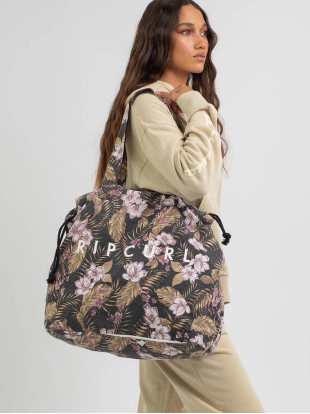 Rip Curl 40L Drawstring Beach Tote Bag Black Tropical Floral Canvas SurferGirl